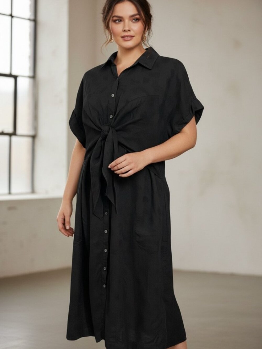 Anthropologie Black Linen Jacquard Tie Front Shirt Dress 18W Coastal Minimalist